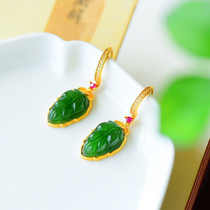 Green leaves • Emerald Jade Stone earrings