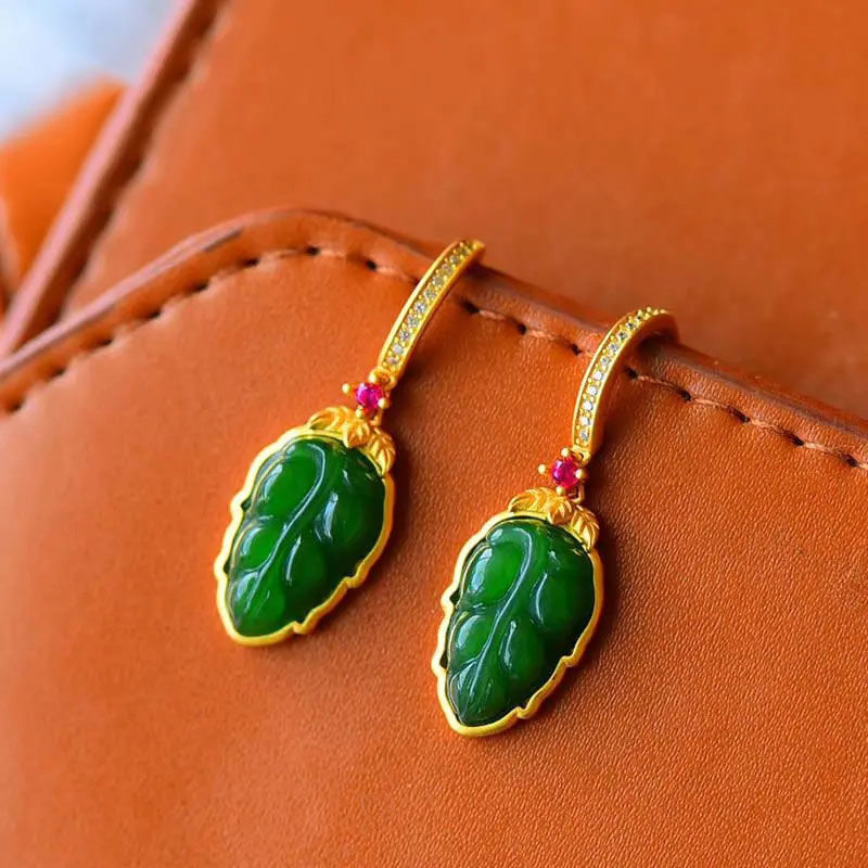 Green leaves • Emerald Jade Stone earrings
