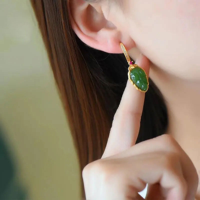 Green leaves • Emerald Jade Stone earrings