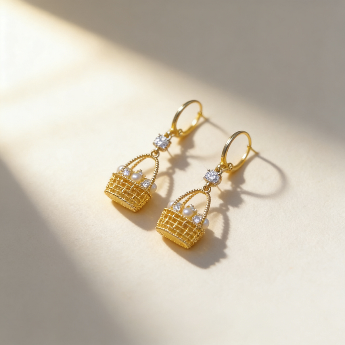 Pearl & Diamond Flower Basket Earrings
