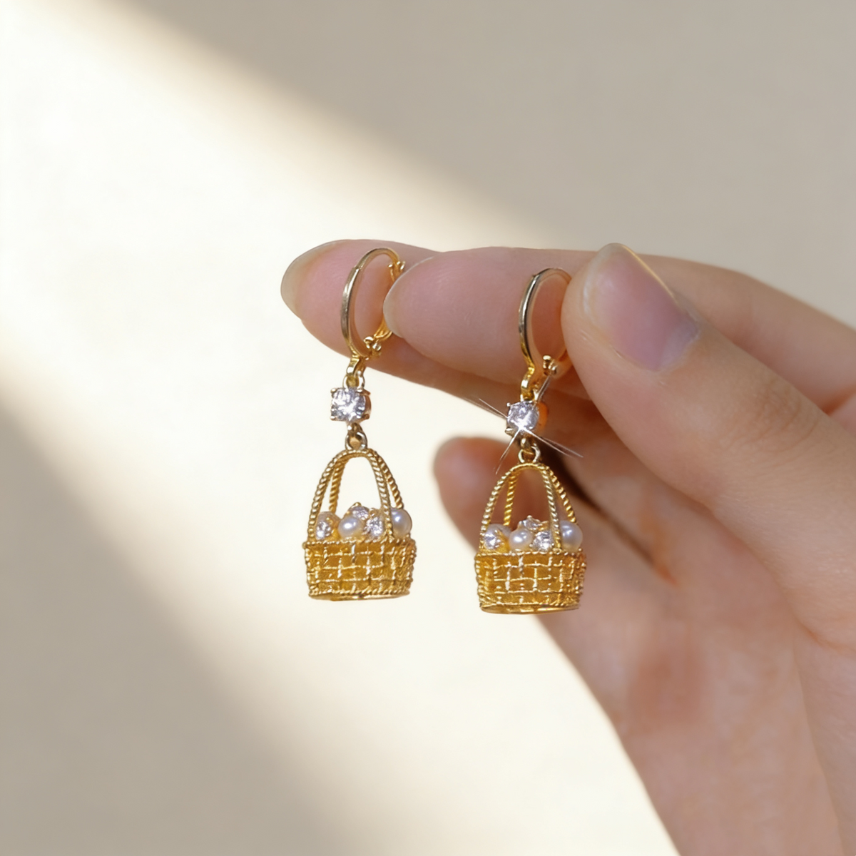 Pearl & Diamond Flower Basket Earrings