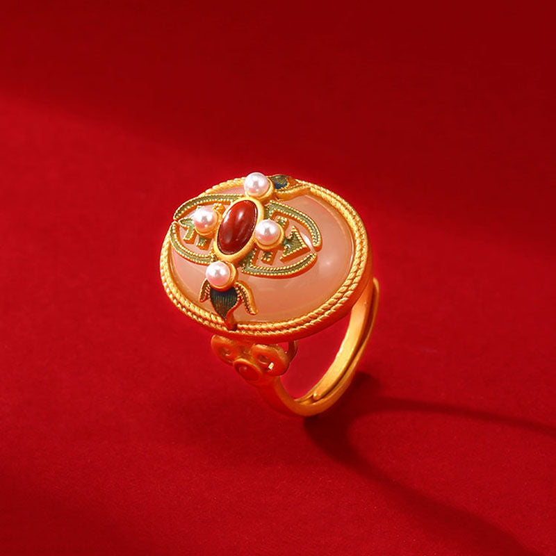 Vintage Natural Emerald Jade Stone Pearl Ring