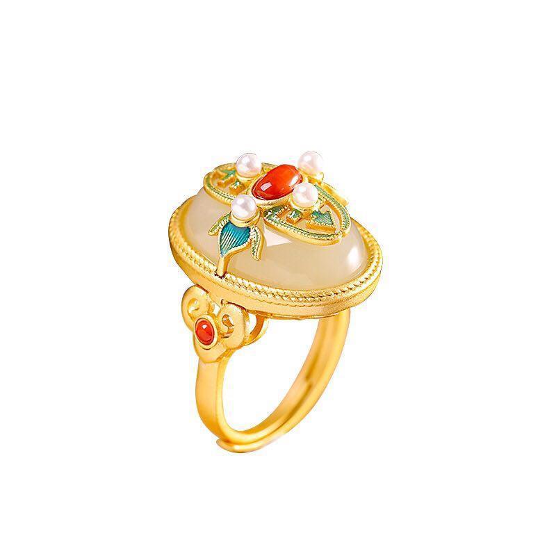 Vintage Natural Emerald Jade Stone Pearl Ring
