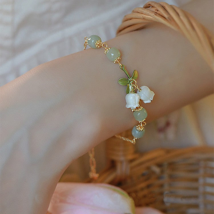 Natural Emerald Jade Stone round bead lily of the valley bracelet