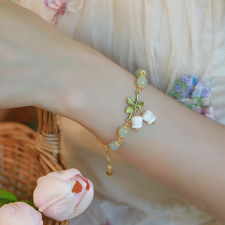 Natural Emerald Jade Stone round bead lily of the valley bracelet
