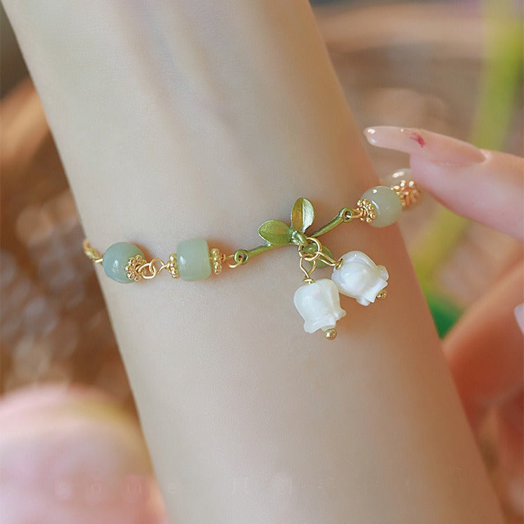 Natural Emerald Jade Stone round bead lily of the valley bracelet