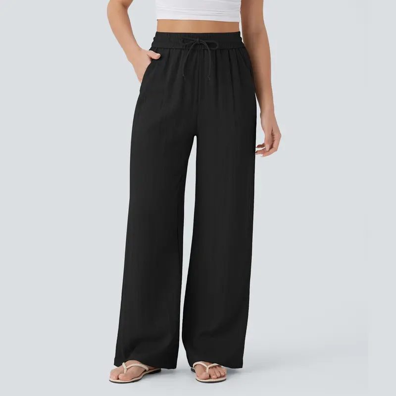High-waisted drawstring casual linen pants