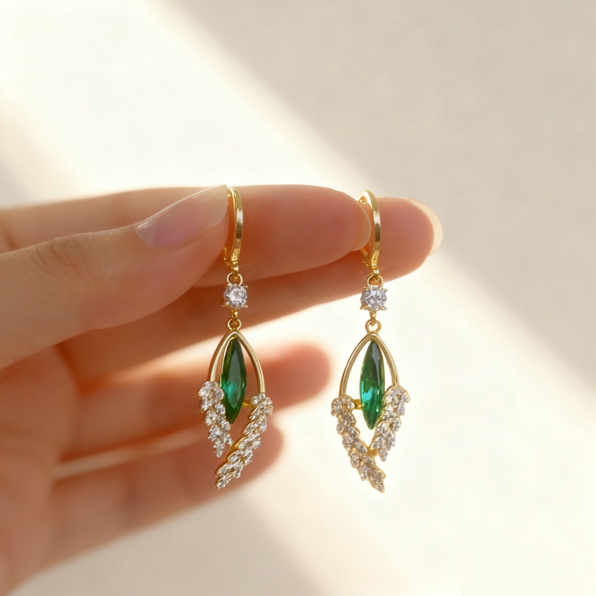 Emerald Wheat Leaf Earrings