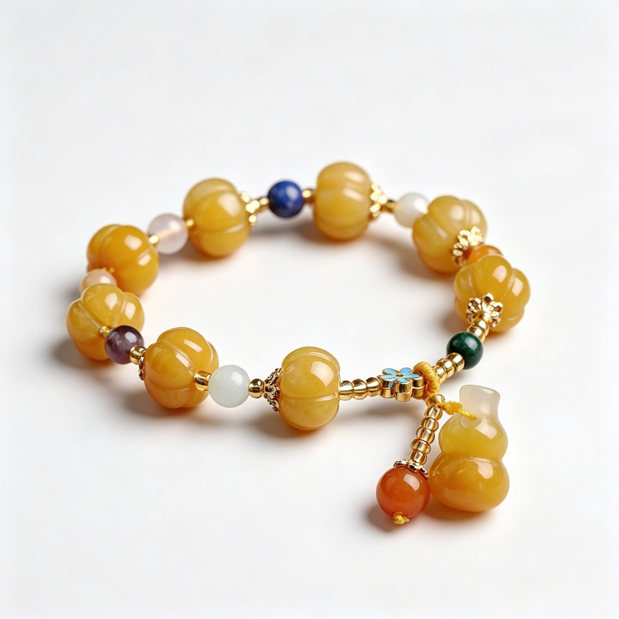 「Harvest Fortune」Natural Golden Silk Jade Pumpkin & Gourd Bracelet