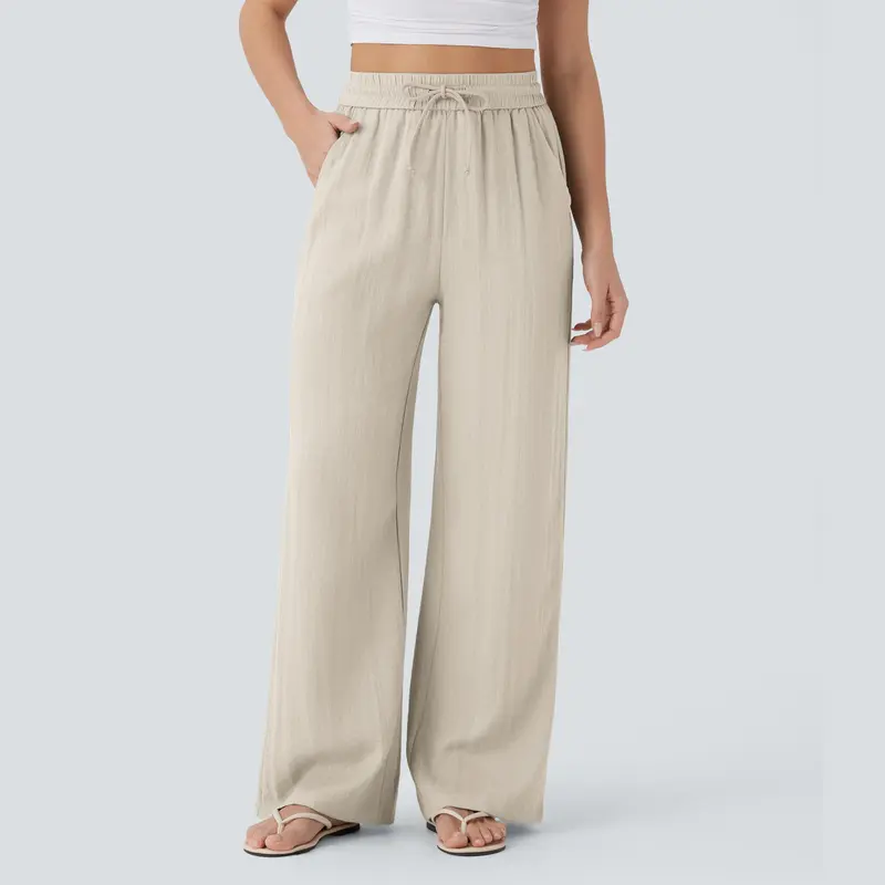 High-waisted drawstring casual linen pants