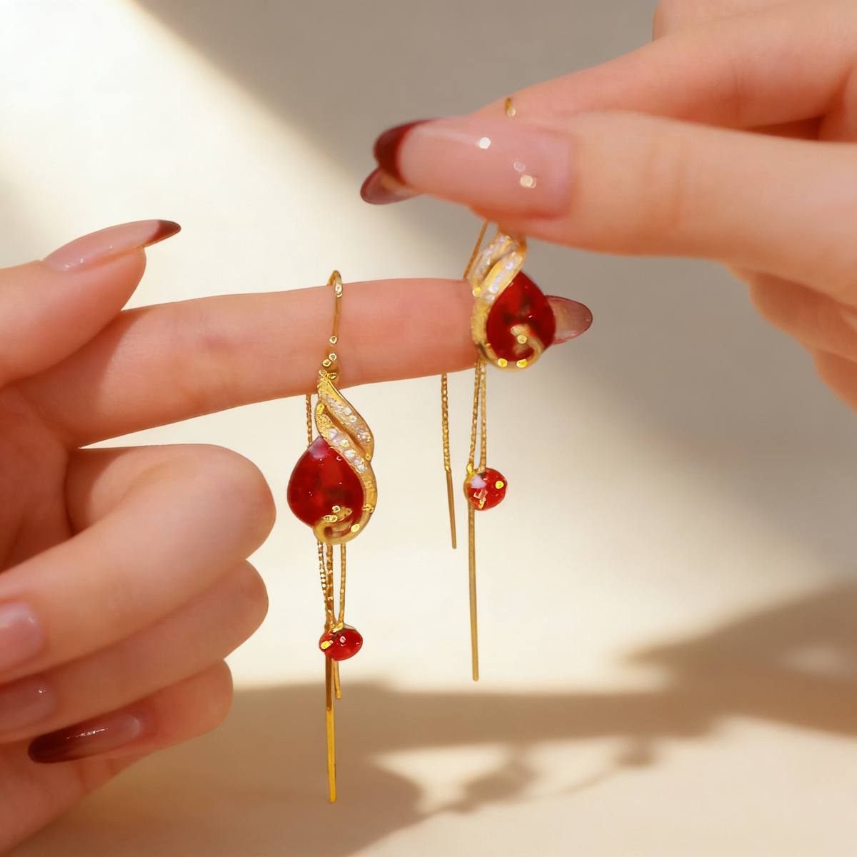 Ruby Peacock Tassel Earrings