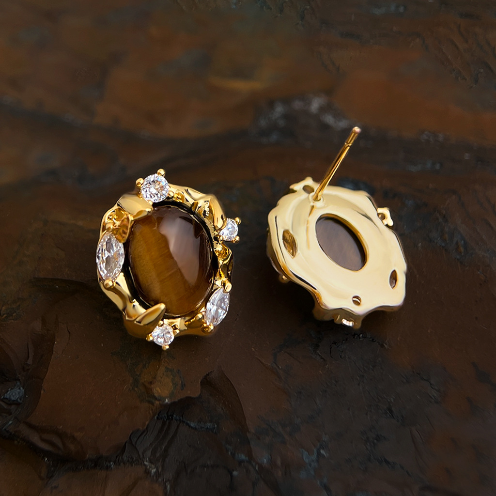 「Solar Vision」Natural Tiger's Eye Gold Plated Earrings