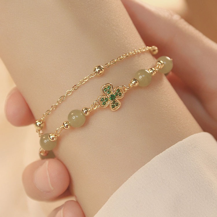 Natural Hetian Jade Double Layer Clover Bracelet