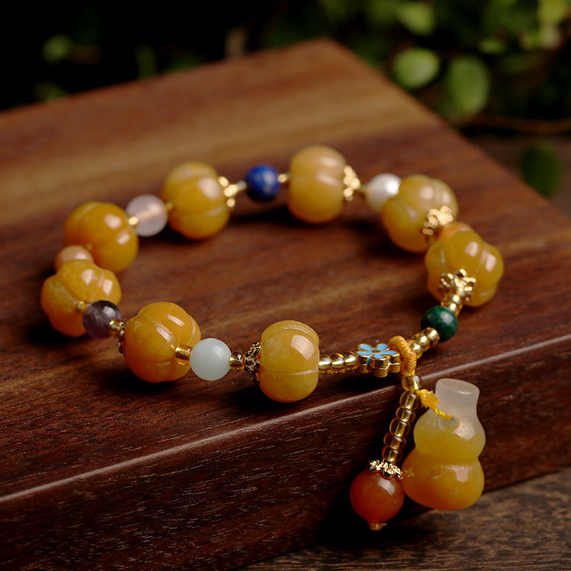 「Harvest Fortune」Natural Golden Silk Jade Pumpkin & Gourd Bracelet