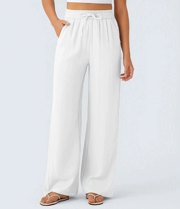 High-waisted drawstring casual linen pants