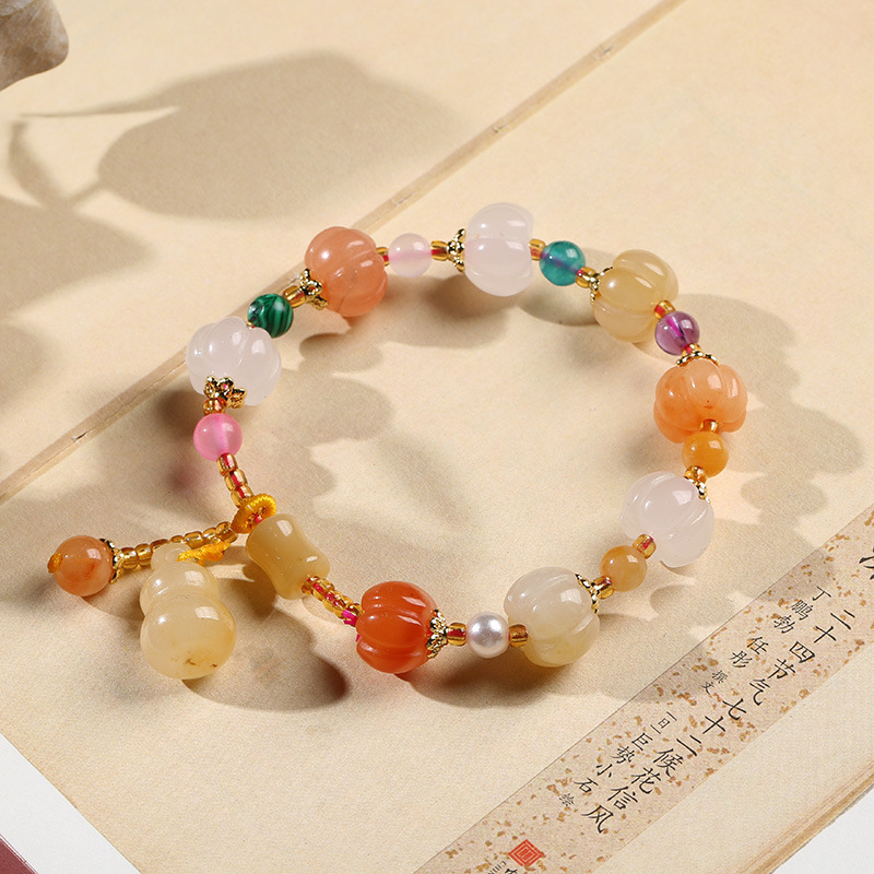 「Harvest Fortune」Natural Golden Silk Jade Pumpkin & Gourd Bracelet