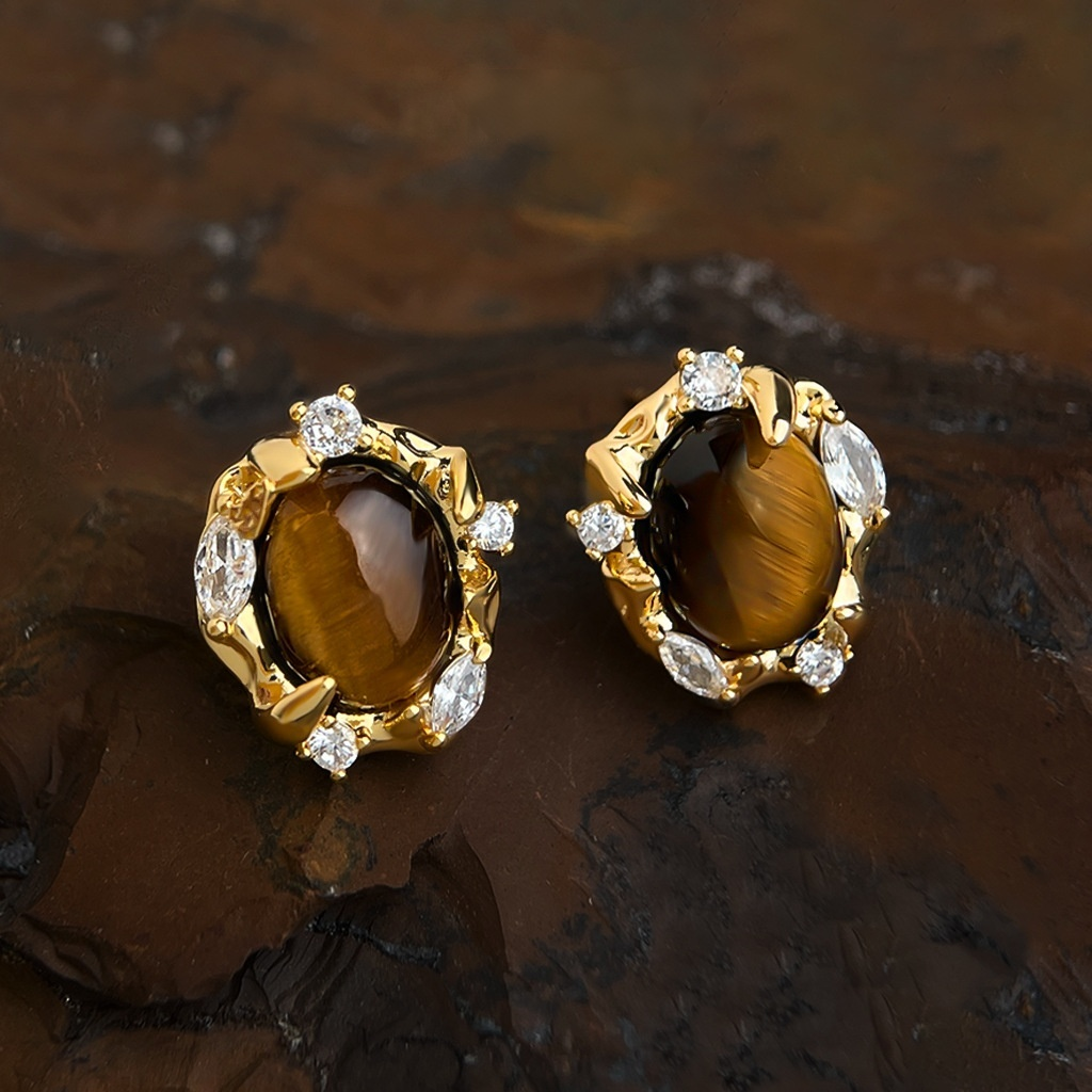 「Solar Vision」Natural Tiger's Eye Gold Plated Earrings
