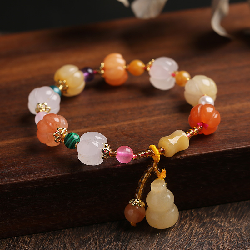 「Harvest Fortune」Natural Golden Silk Jade Pumpkin & Gourd Bracelet