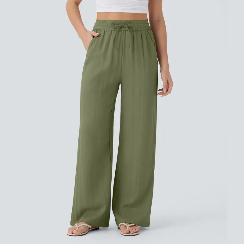 High-waisted drawstring casual linen pants