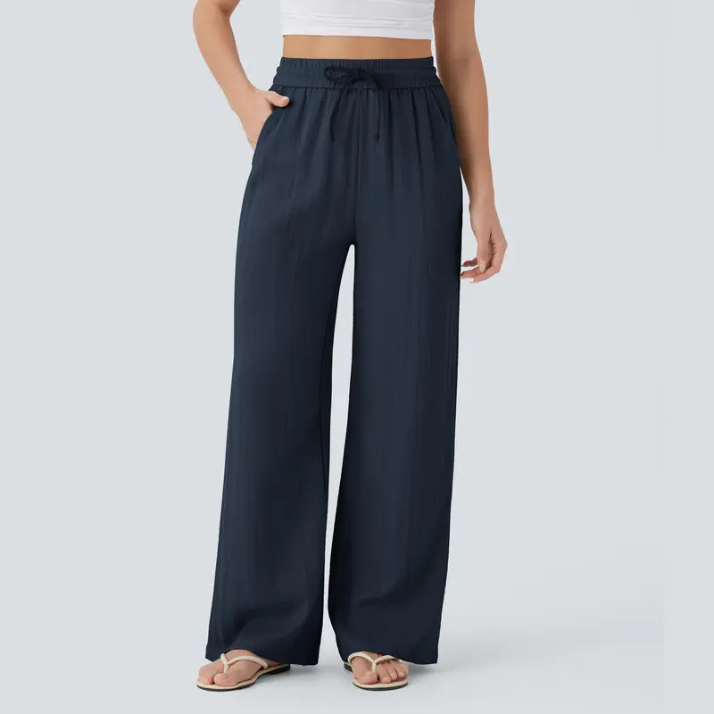 High-waisted drawstring casual linen pants