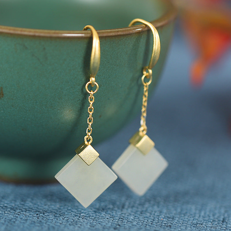 S925 silver Hetian jade tassel earrings