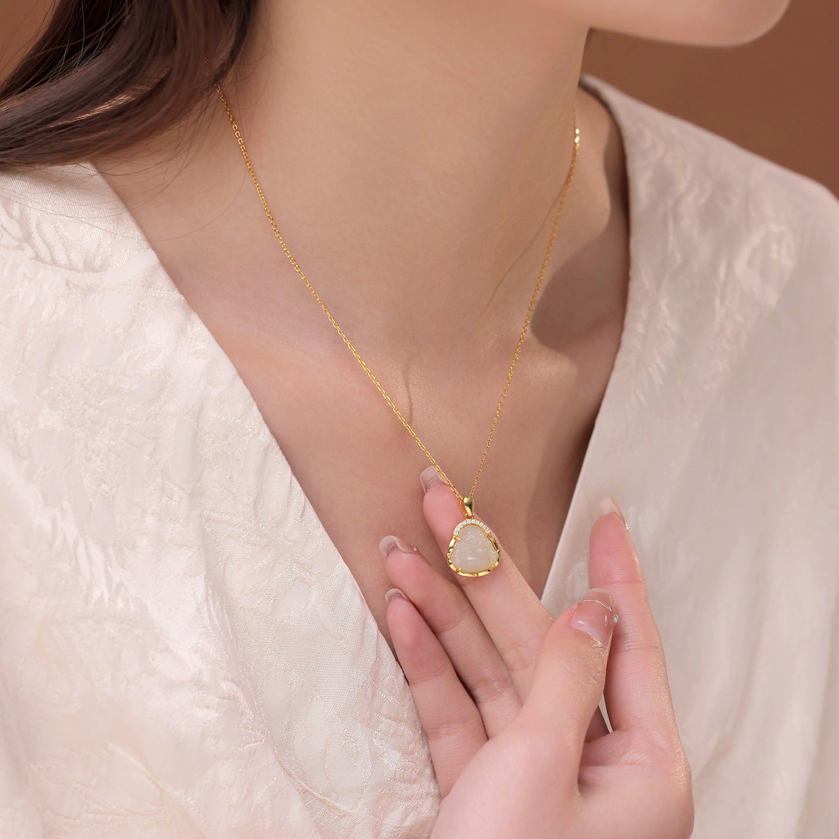 Natural Hetian Jade Laughing Buddha Necklace