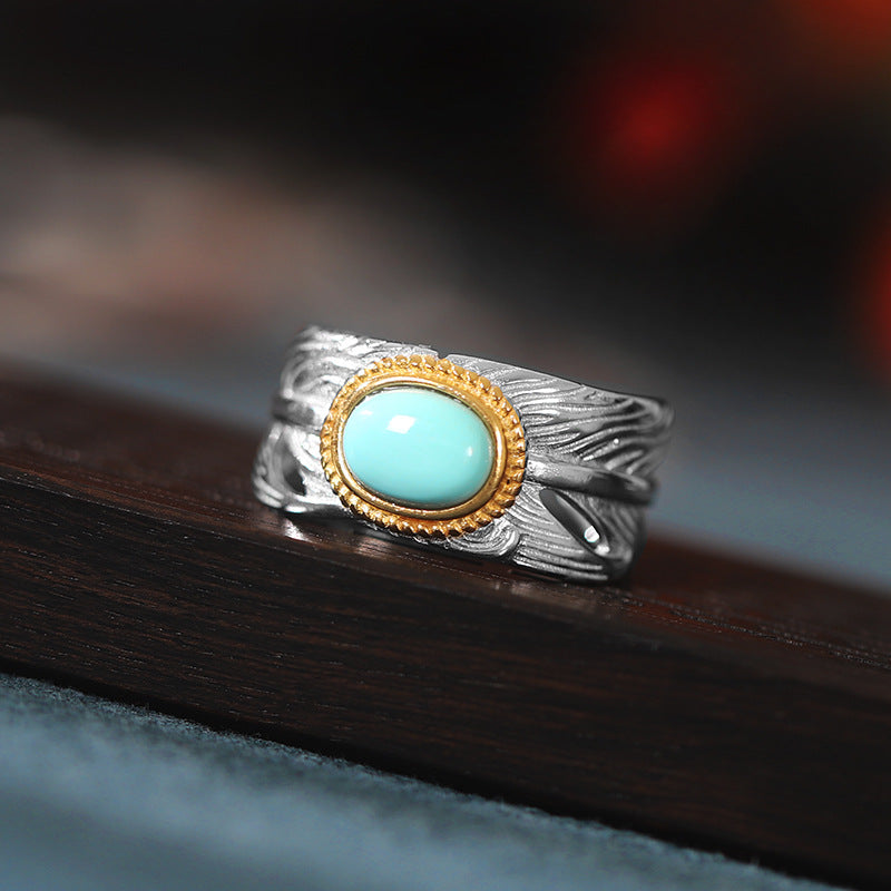 S925 Silver Turquoise Feather Open Ring