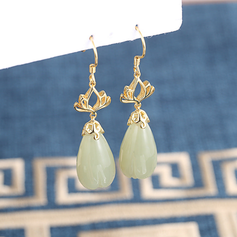 Natural Hetian Jade Magnolia Drop Earrings