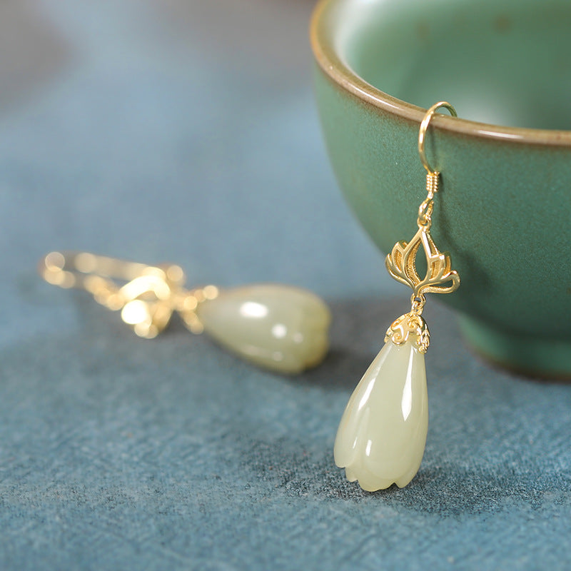 Natural Hetian Jade Magnolia Drop Earrings