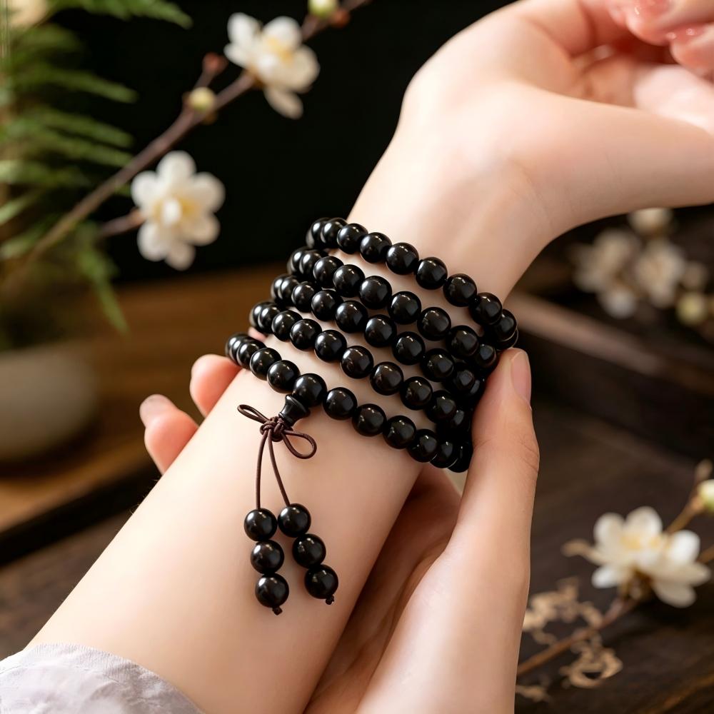 Natural Ebony 108‑Bead Mala Bracelet