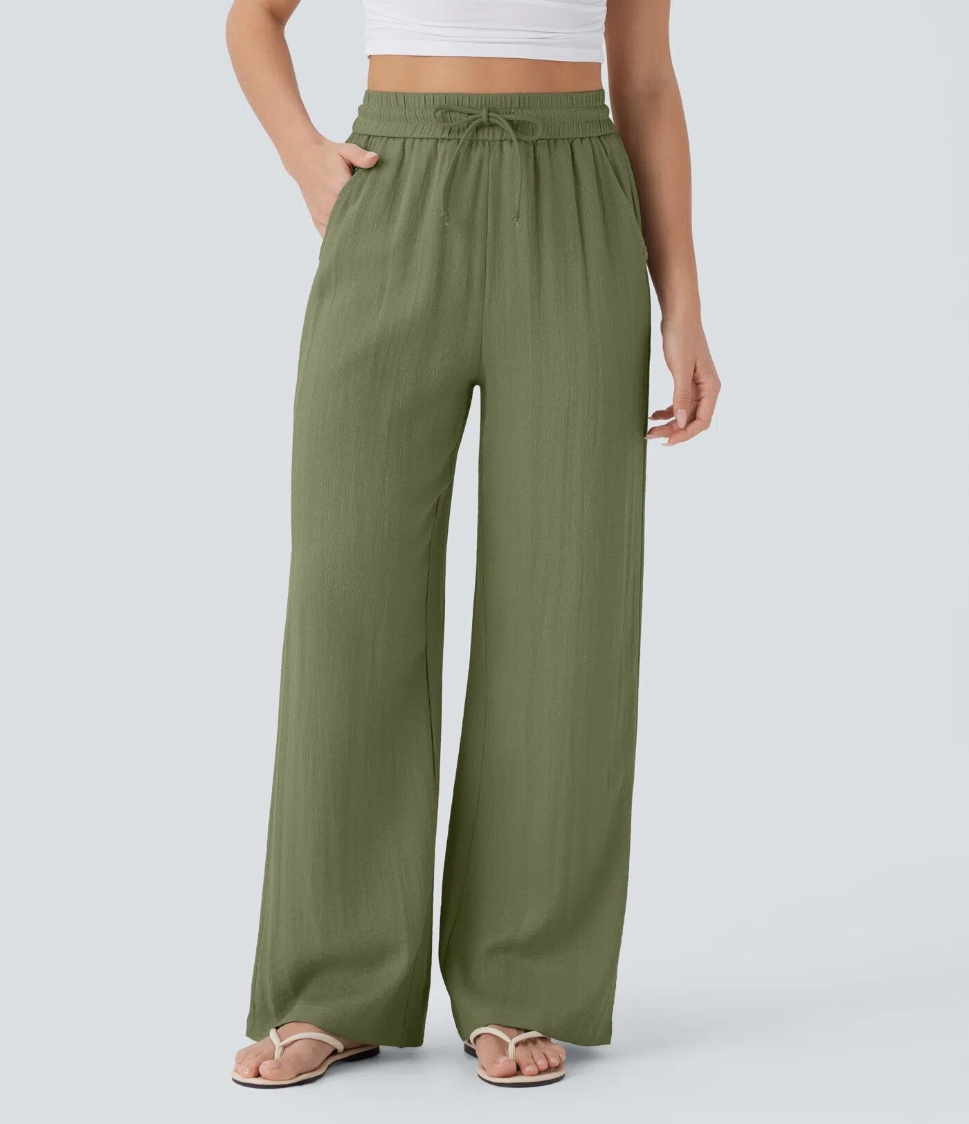 High-waisted drawstring casual linen pants