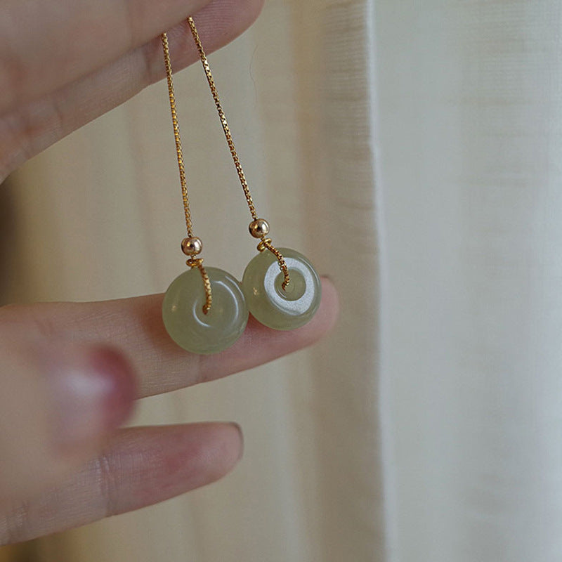 Lucky buckle • Natural  Emerald Jade stone Threader Tassel earrings