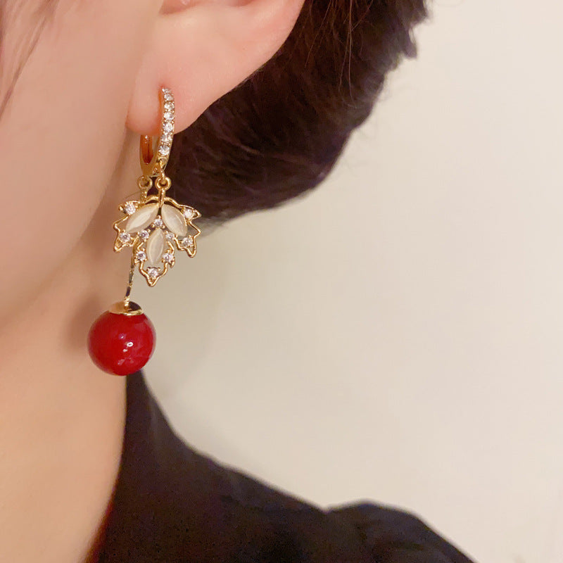 Maple Leaf-Cat's Eye & Red Agate Earrings