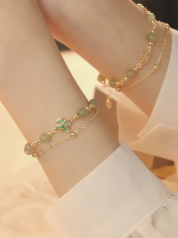 Natural Hetian Jade Double Layer Clover Bracelet