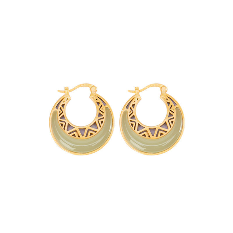 Moon Disc Natural Emerald Jade Stone Earrings