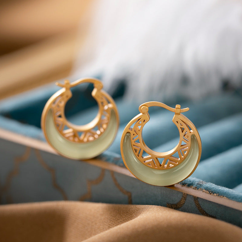 Moon Disc Natural Emerald Jade Stone Earrings