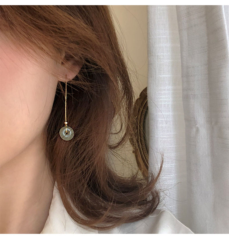 Lucky buckle • Natural  Emerald Jade stone Threader Tassel earrings