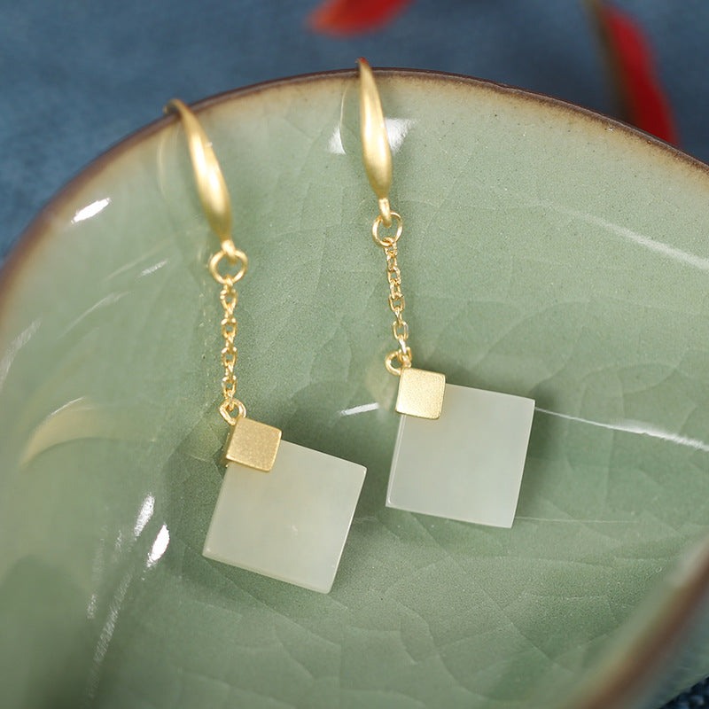 S925 silver Hetian jade tassel earrings