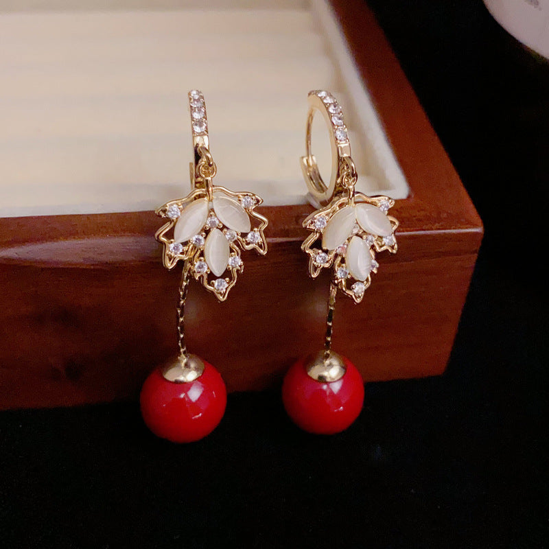 Maple Leaf-Cat's Eye & Red Agate Earrings