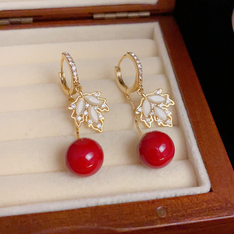 Maple Leaf-Cat's Eye & Red Agate Earrings