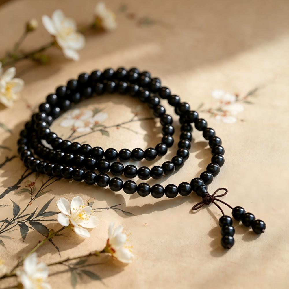 Natural Ebony 108‑Bead Mala Bracelet