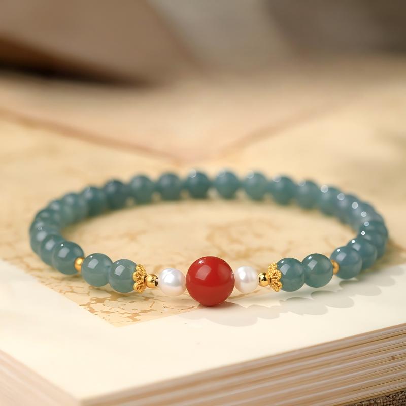 "Red Bean" – Aquamarine & Red Agate Bracelet