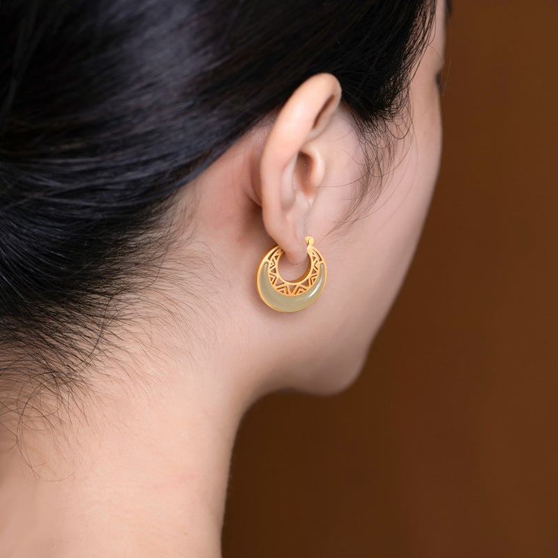 Moon Disc Natural Emerald Jade Stone Earrings