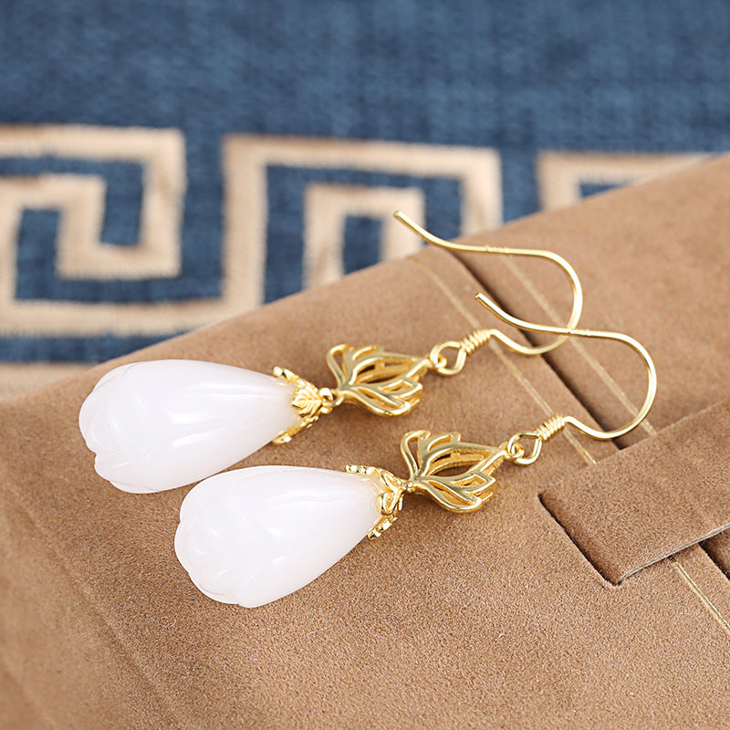 Natural Hetian Jade Magnolia Drop Earrings