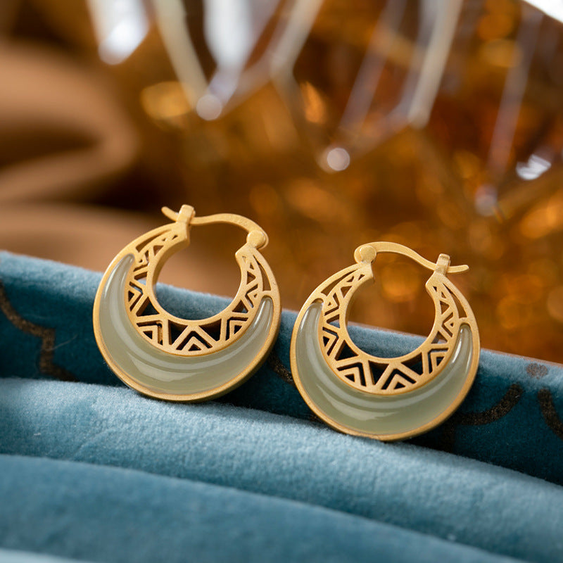 Moon Disc Natural Emerald Jade Stone Earrings