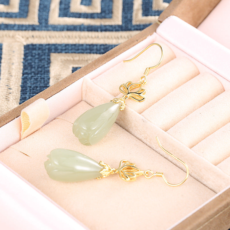 Natural Hetian Jade Magnolia Drop Earrings