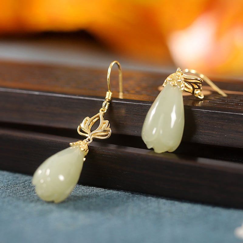 Natural Hetian Jade Magnolia Drop Earrings