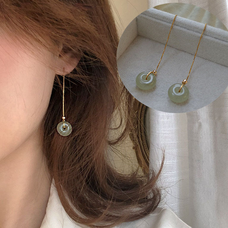 Lucky buckle • Natural  Emerald Jade stone Threader Tassel earrings