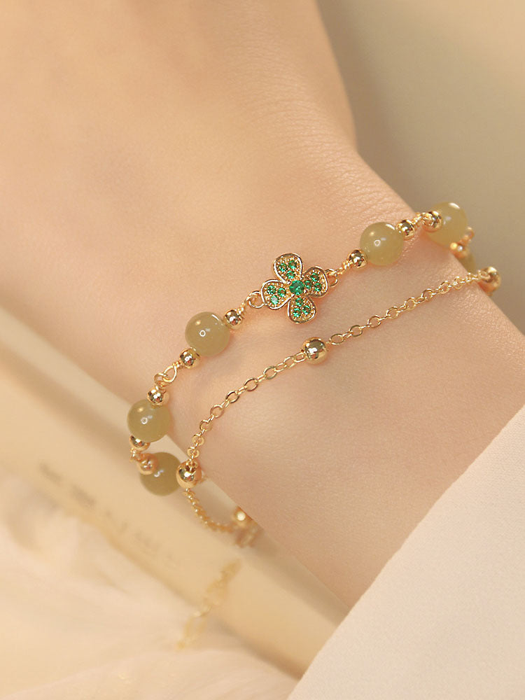 Natural Hetian Jade Double Layer Clover Bracelet