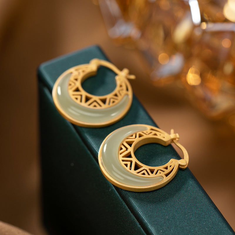 Moon Disc Natural Emerald Jade Stone Earrings
